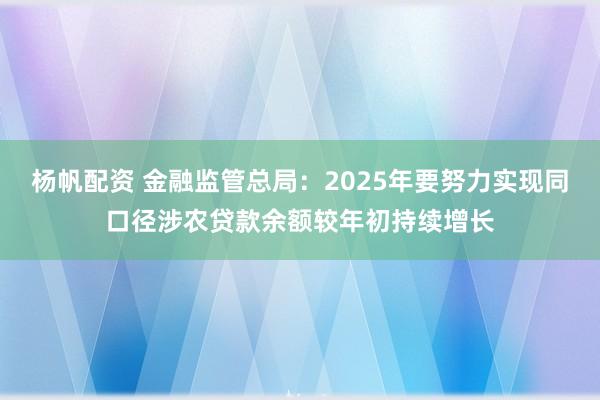 杨帆配资 金融监管总局：2025年要努力实现同口径涉农贷款余额较年初持续增长